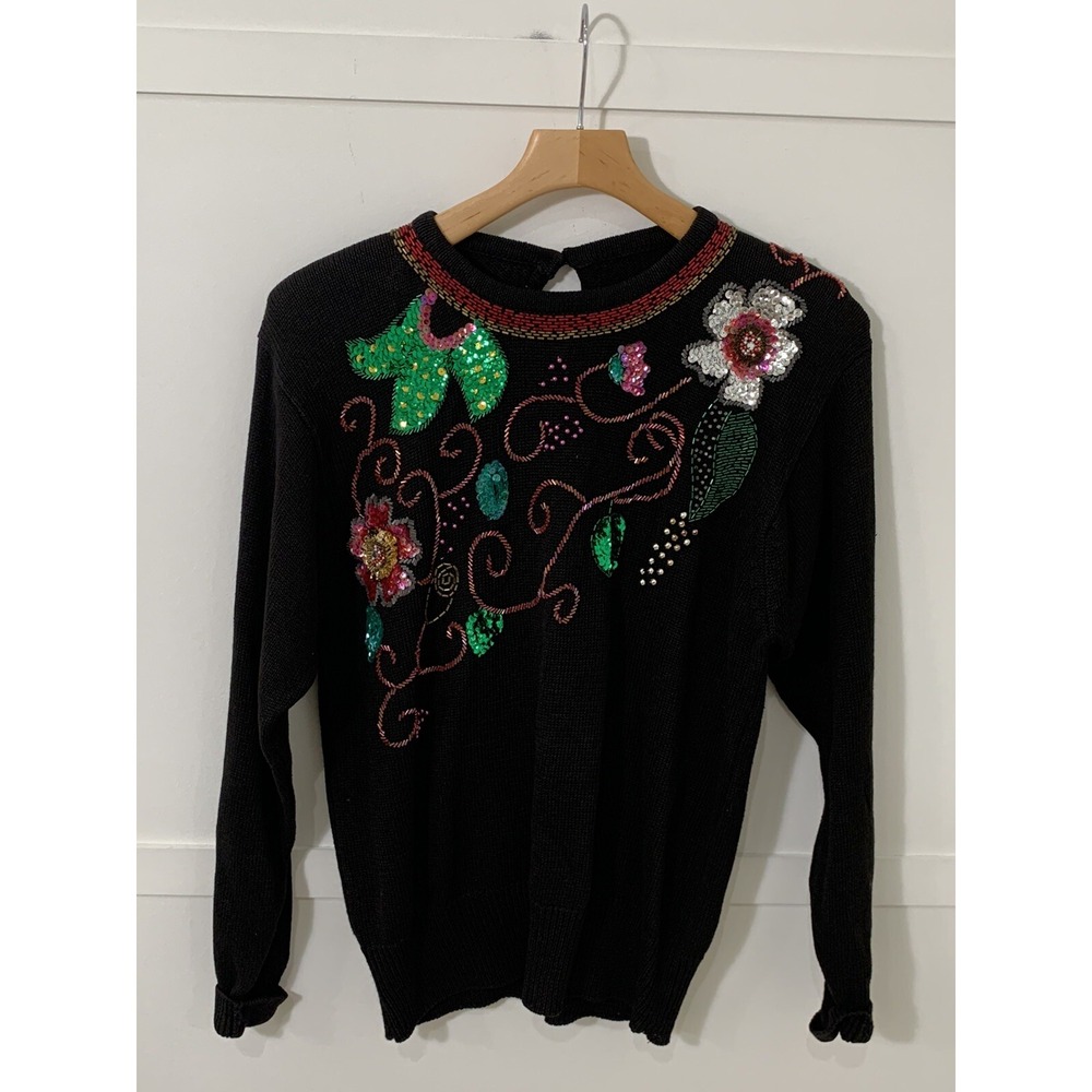 Vtg Lindsey Blake Floral Sweater Sz Large Black Beaded Sequins Art to Wear 80's